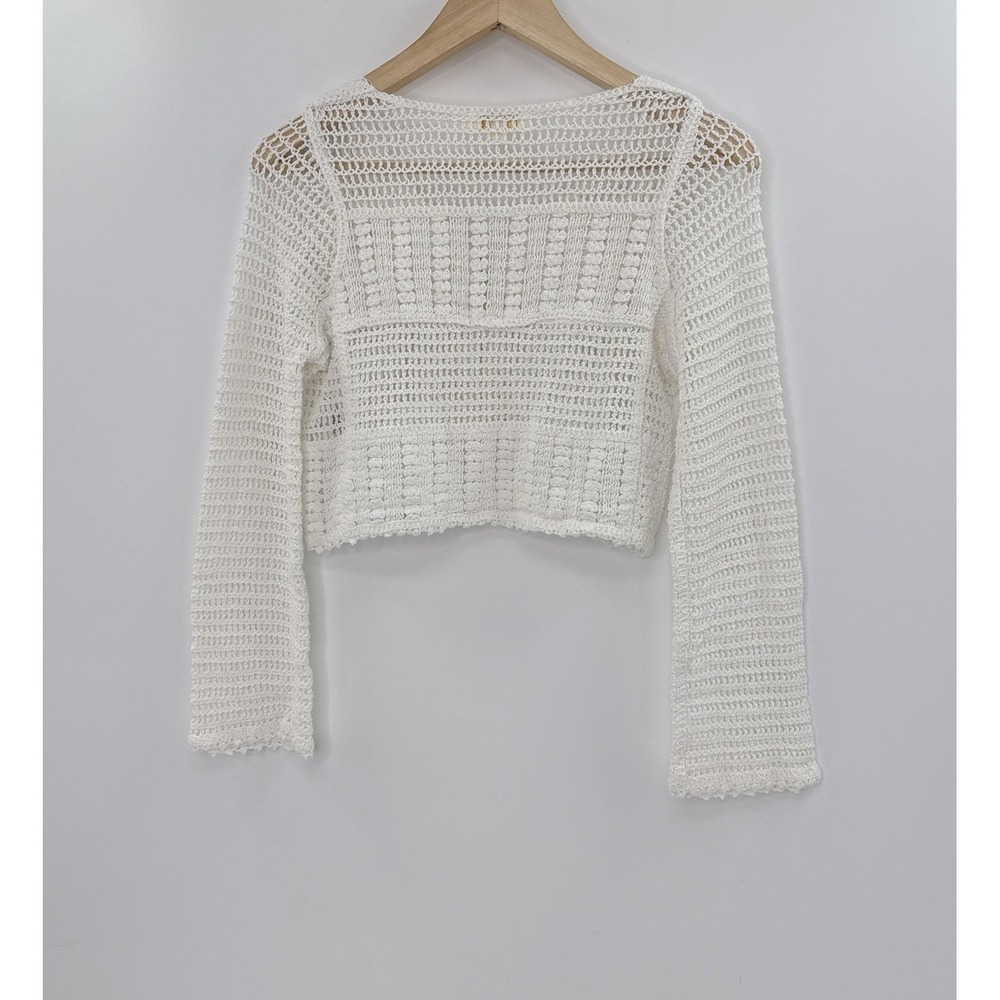 Rebellion Again Cream Crochet Cropped Cardigan XS Boho Beachy Festival Western - Picture 2 of 8